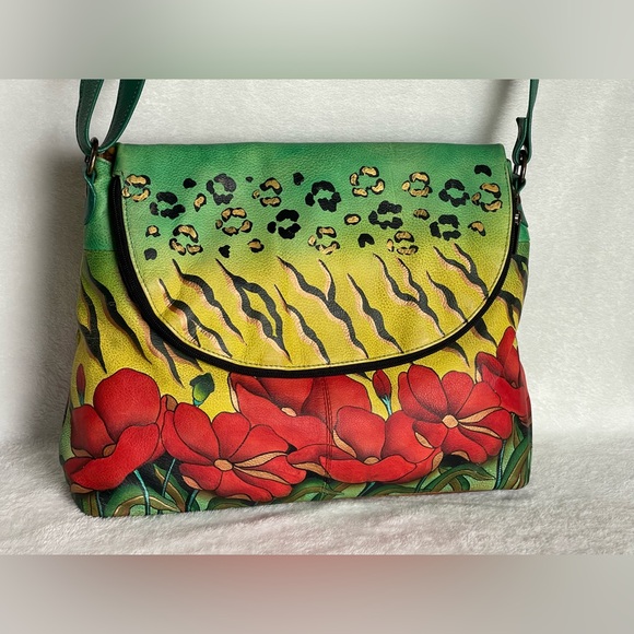 Anuschka hand-painted leather flap-over crossbody purse floral animal print